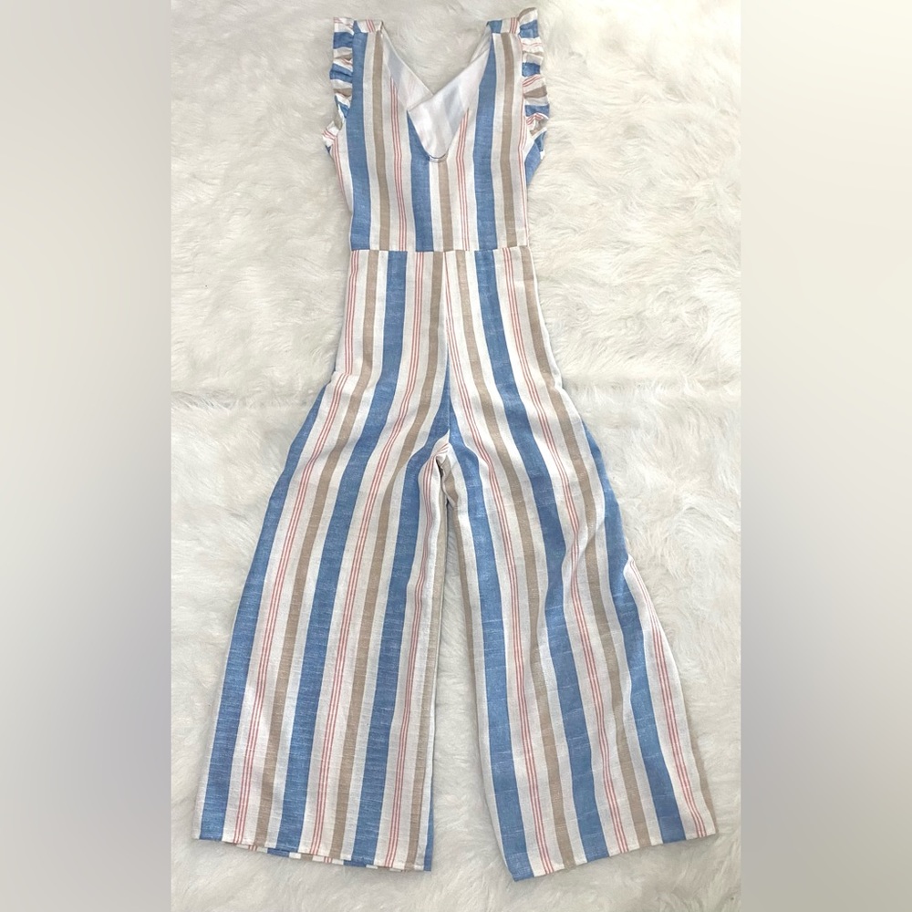 Karlie Womens S Blue Stripe Jumpsuit Boho Fall Preppy Cottagecore Coastal Fairy - Picture 3 of 14